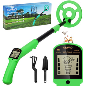 OMMO metal detector with puppy LCD display guides kids through treasure hunts.