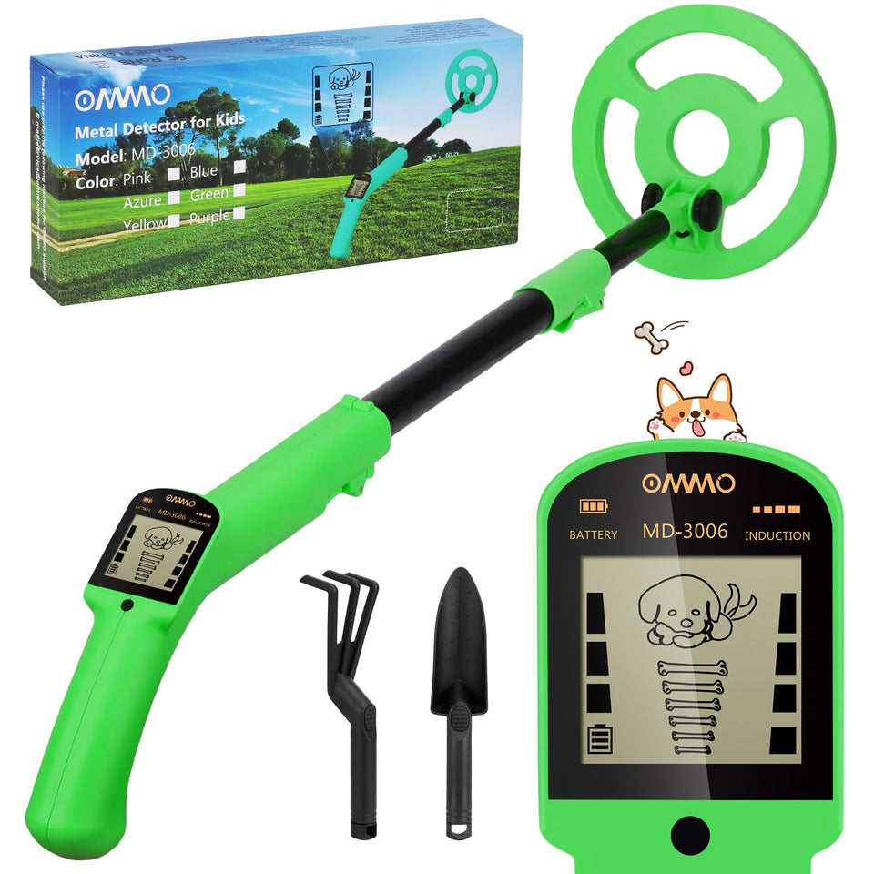 OMMO metal detector with puppy LCD display guides kids through treasure hunts.
