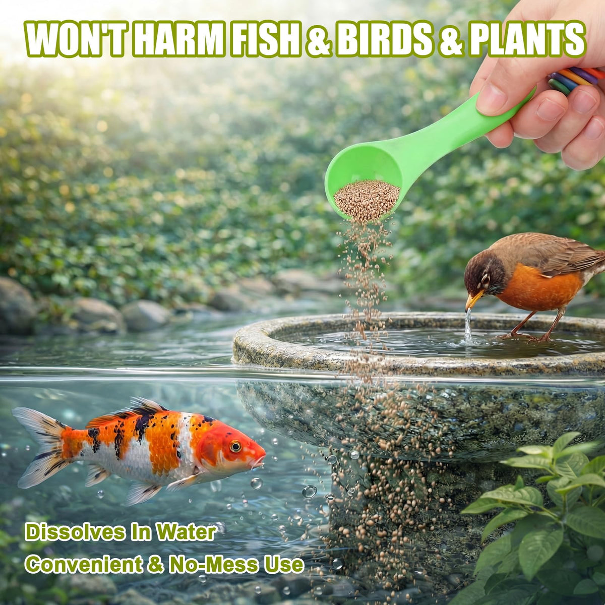 OmniPrene measuring spoons enable precise dosing for ponds, birdbaths, and containers