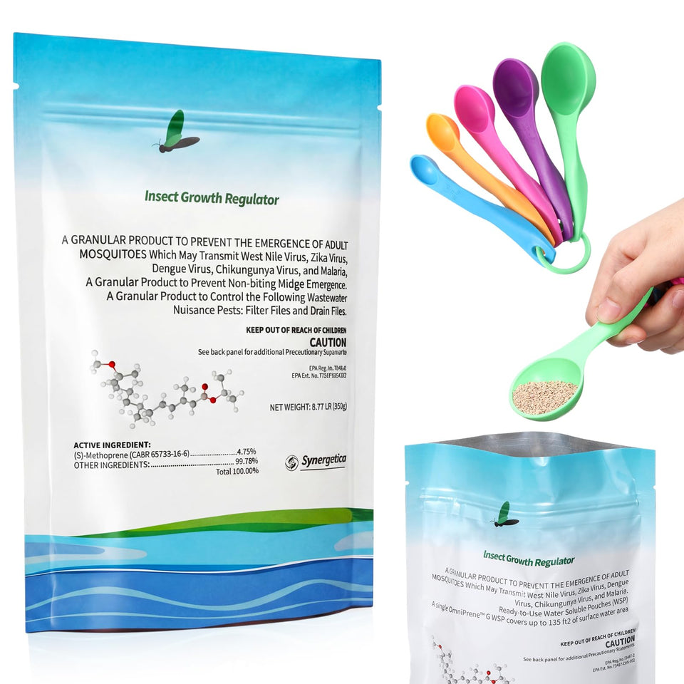 OmniPrene mosquito control pouches dissolving in water to reduce larvae growth