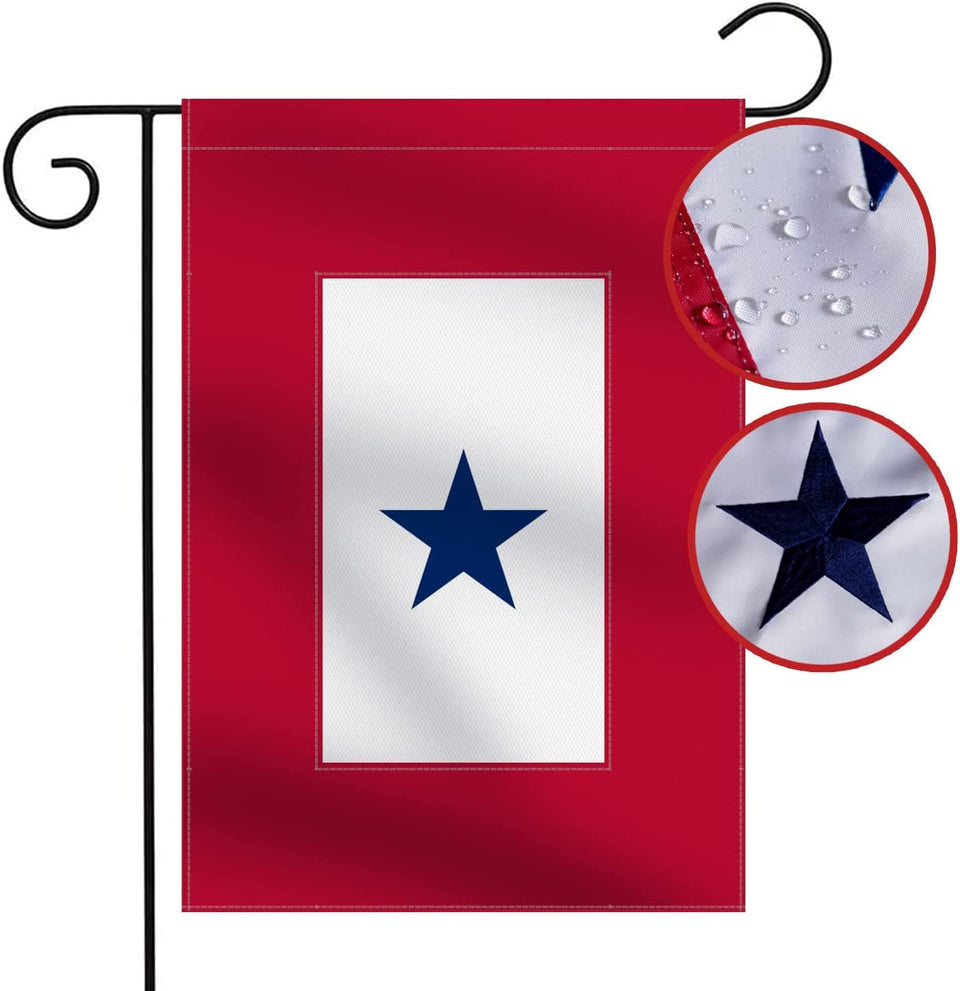 Omnisexual heavy-duty garden flag with embroidered blue star for patriotic yard displays.