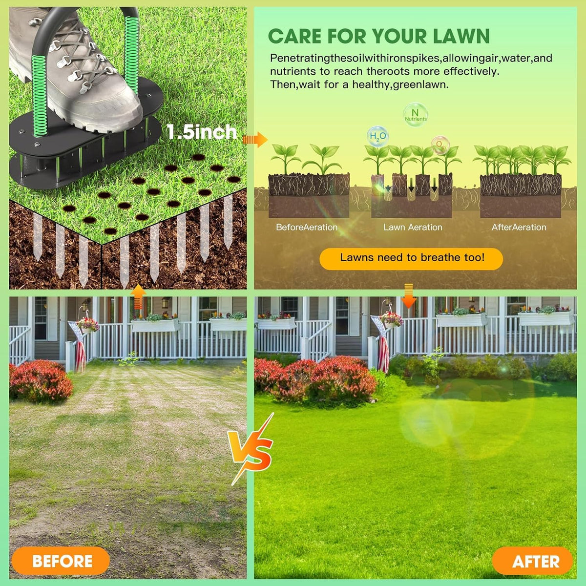 Onadak lawn aerator in use in a backyard lawn