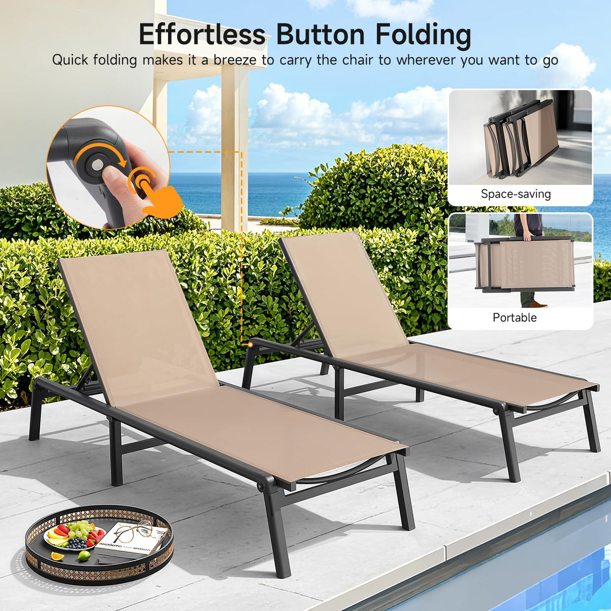 ONBRILL aluminum chaise lounge assembly-free setup out of the box