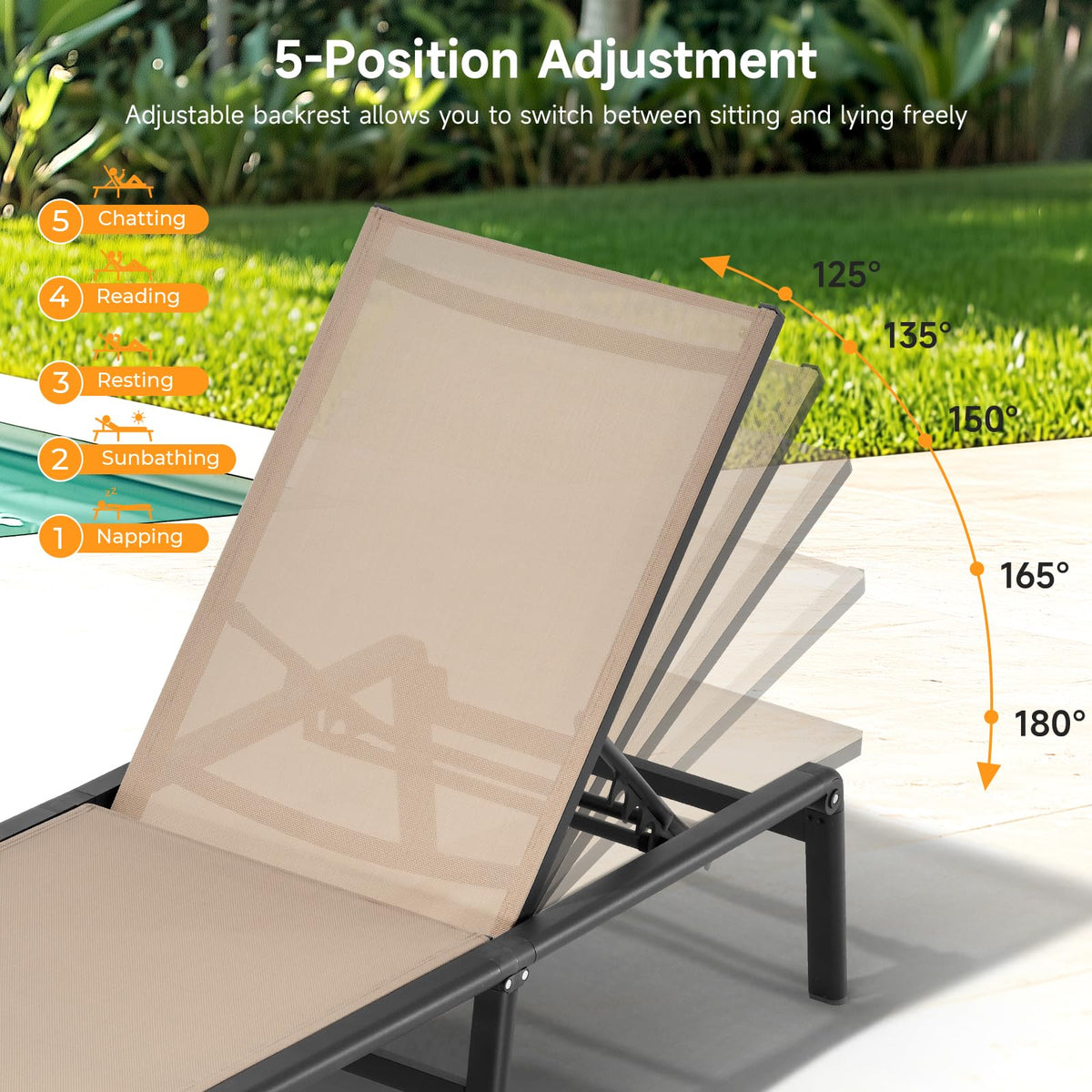 ONBRILL backrest with five positions supports reading, lounging, or sunbathing