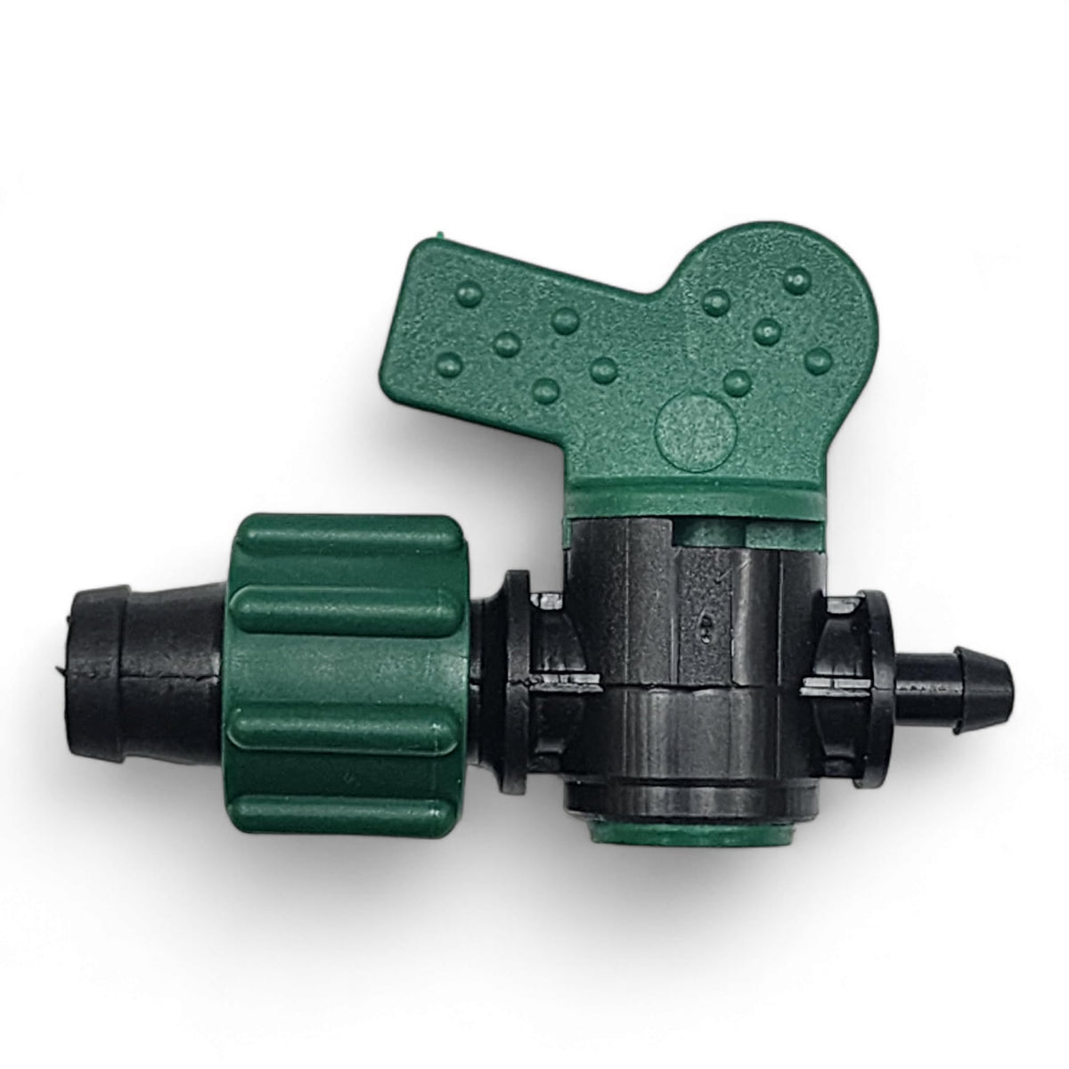 One Stop Outdoor drip tape adapter close-up showing tubing connection for zone control.