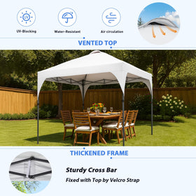Two-person setup demonstrates quick assembly of the Oneofics canopy.