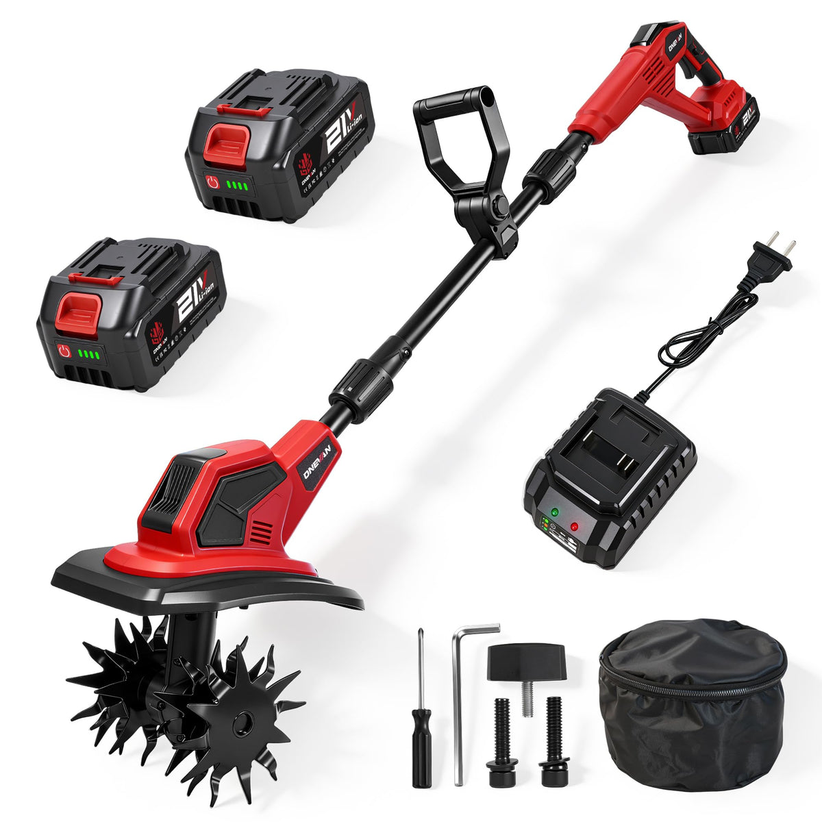 ONEVAN cordless tiller in action for quick bed preparation.