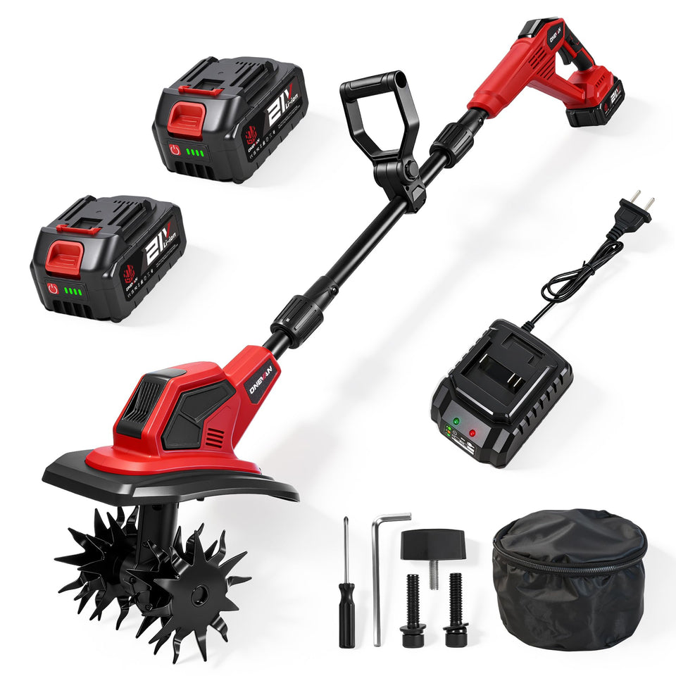 ONEVAN cordless tiller in action for quick bed preparation.