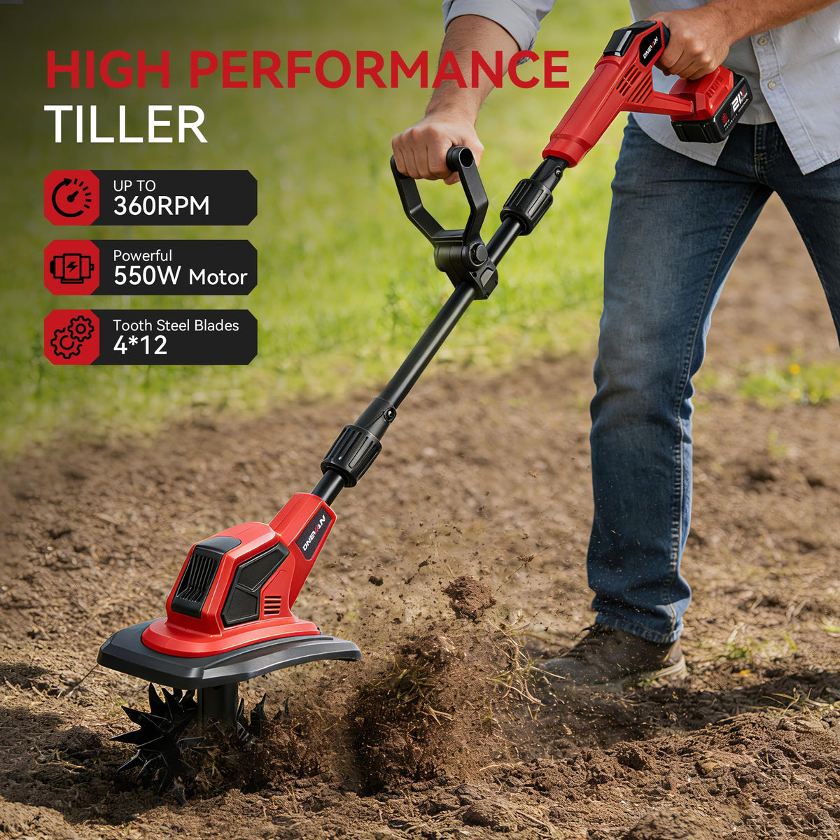 ONEVAN tiller working across a 9.5-inch width for wide soil prep.