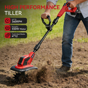 ONEVAN tiller working across a 9.5-inch width for wide soil prep.