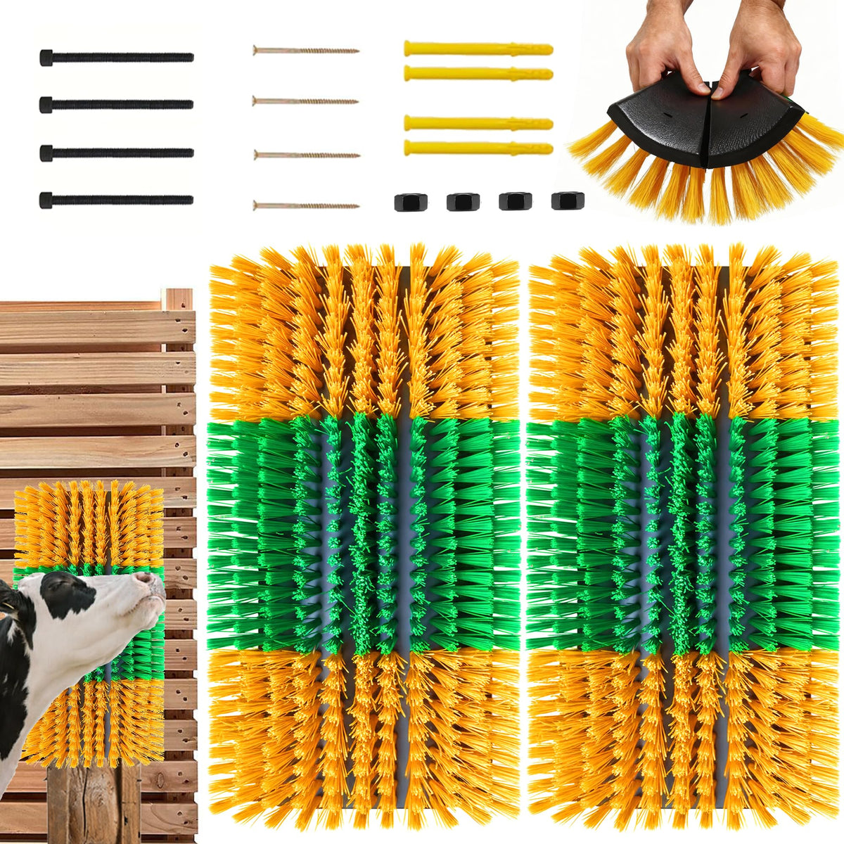 ONIZOOMI livestock scratching brush 2-pack on fence shows natural grooming for cattle.