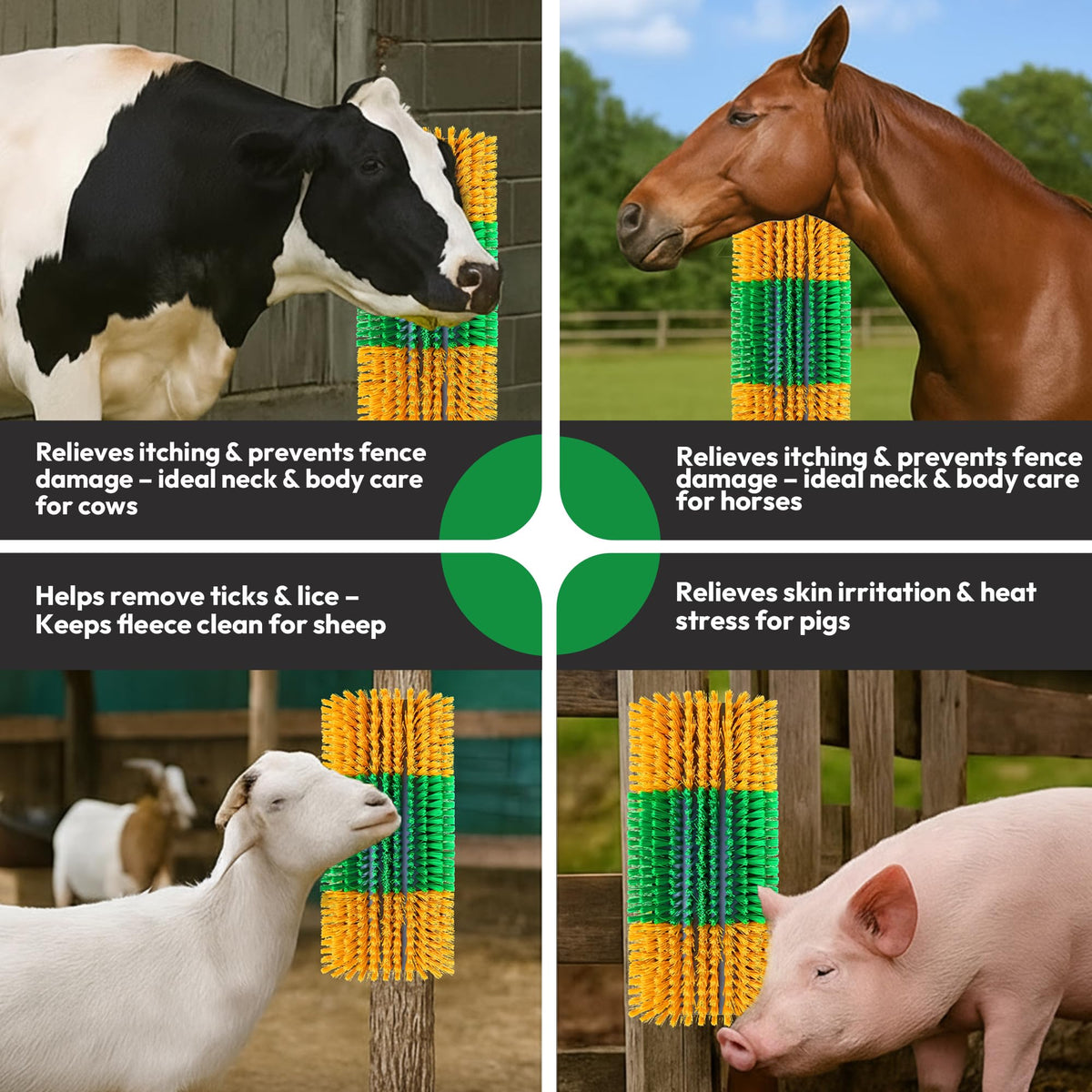 ONIZOOMI weather-resistant grooming post mounted in barn for daily use.