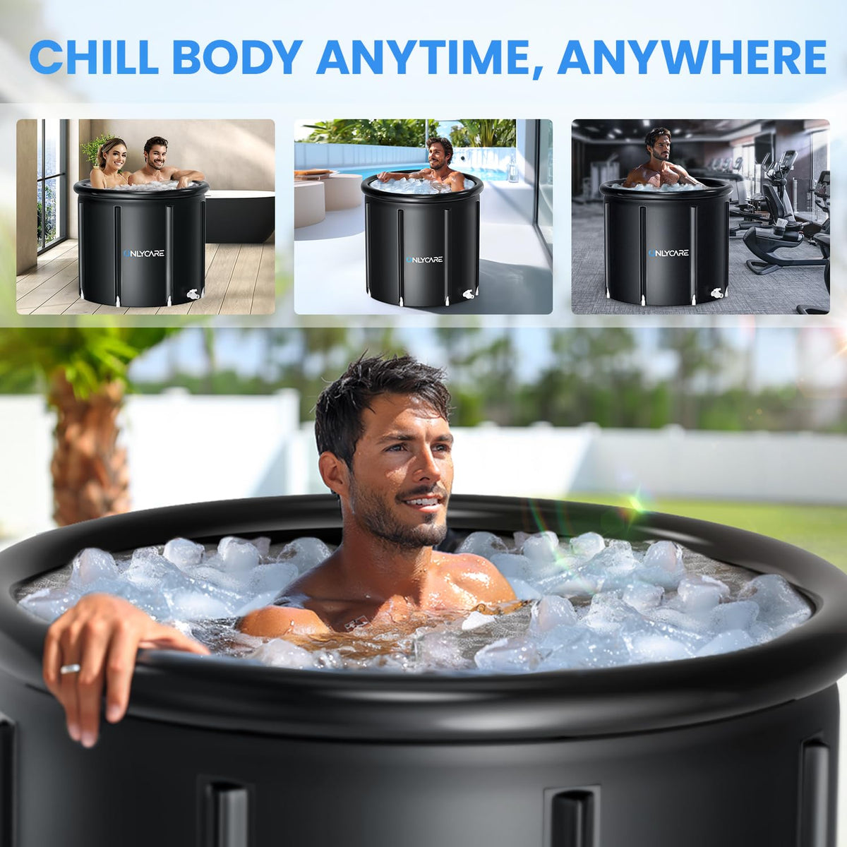 ONLYCARE ice bath tub foldable portable with carry bag for home or outdoor use.