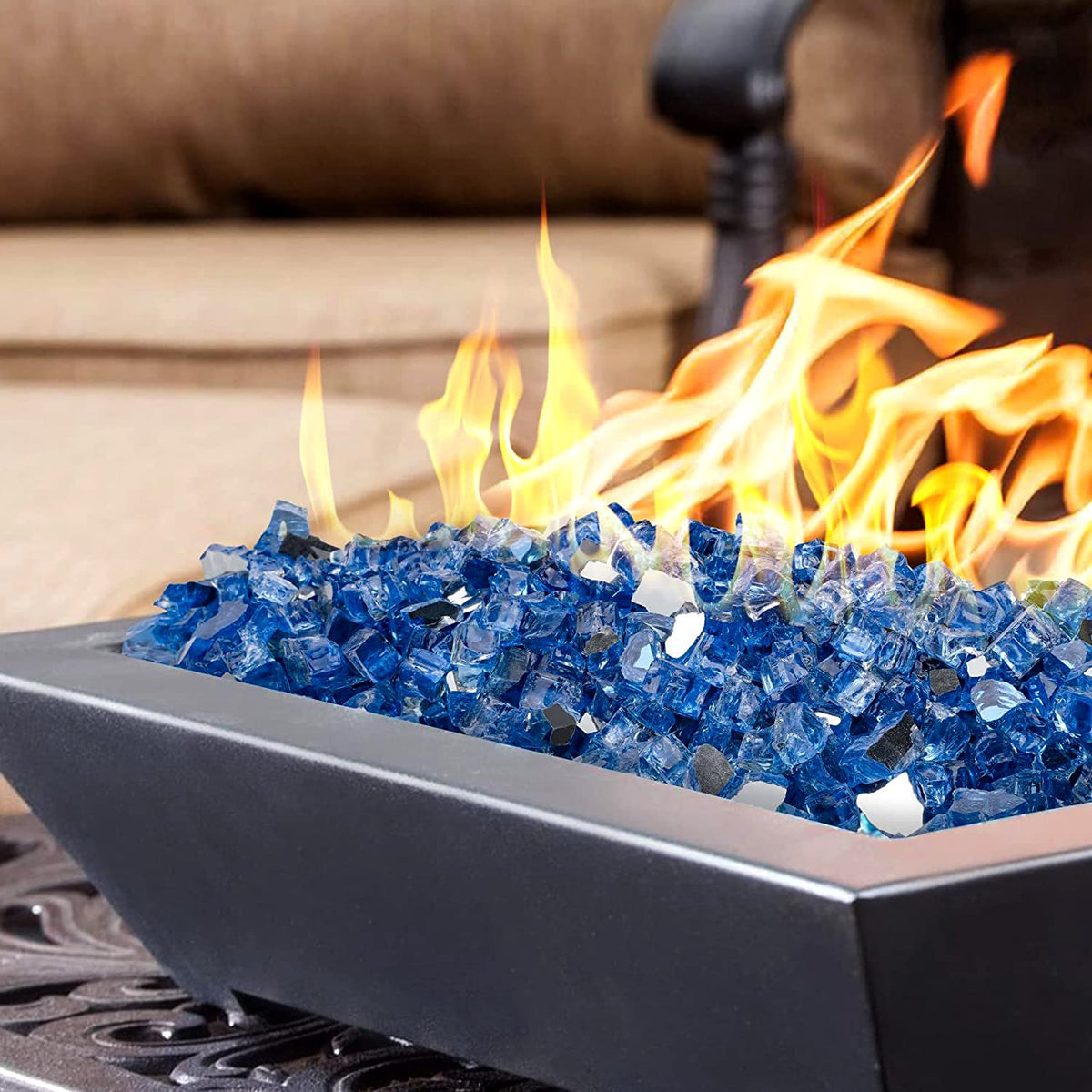 OnlyFire aqua-blue fire glass rocks sparkle under flames for elevated outdoor spaces.