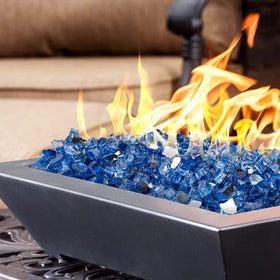 OnlyFire aqua-blue fire glass rocks sparkle under flames for elevated outdoor spaces.