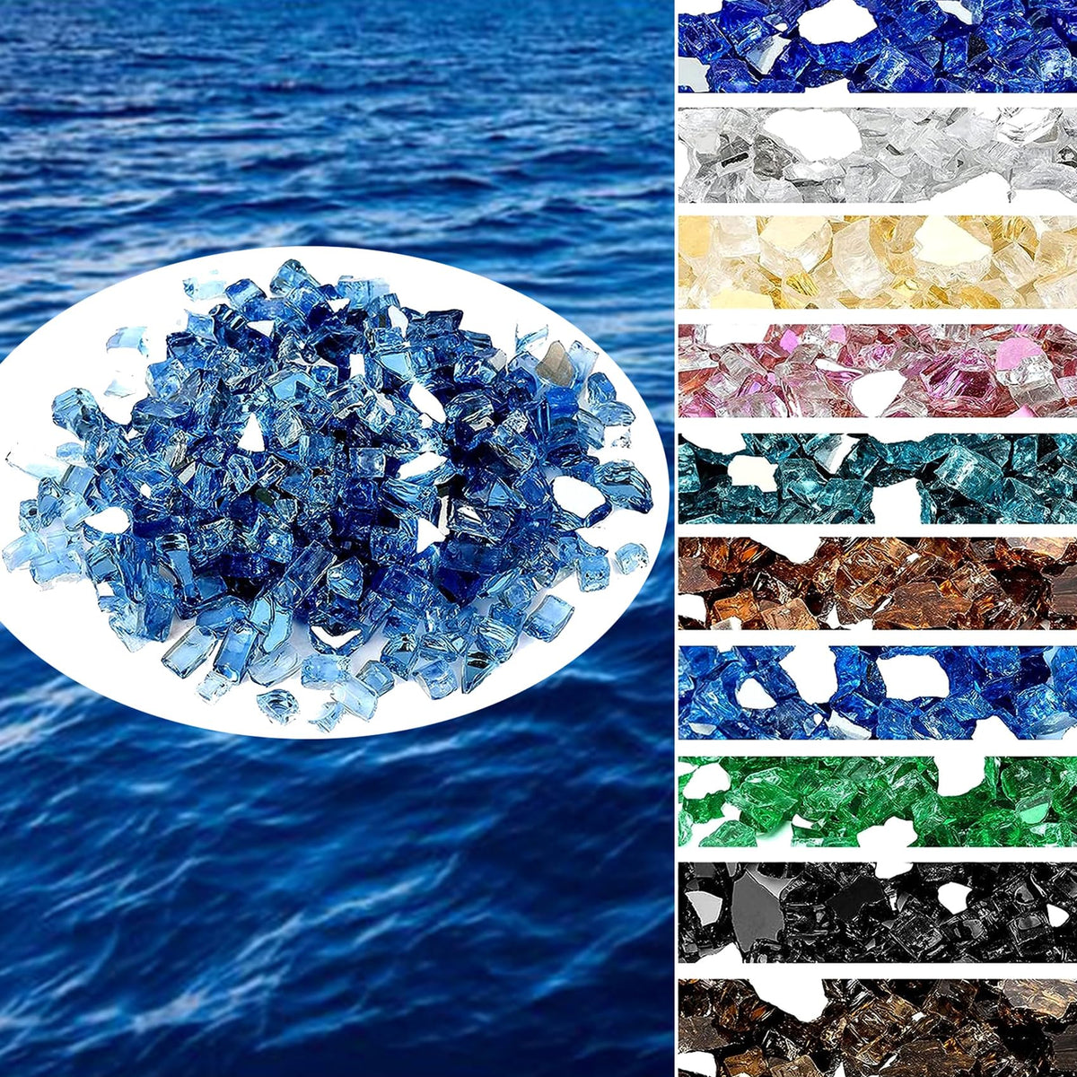 OnlyFire cobalt-blue fire glass rocks add vibrant color and heat-safe ambiance outdoors.