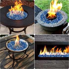 OnlyFire cobalt-blue/platinum blend fire glass rocks enhance light reflection and color depth.