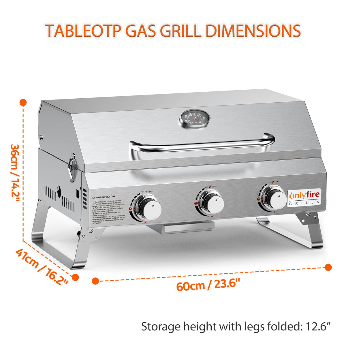 ONLYFIRE GRILLS tabletop gas grill foldable legs for easy transport