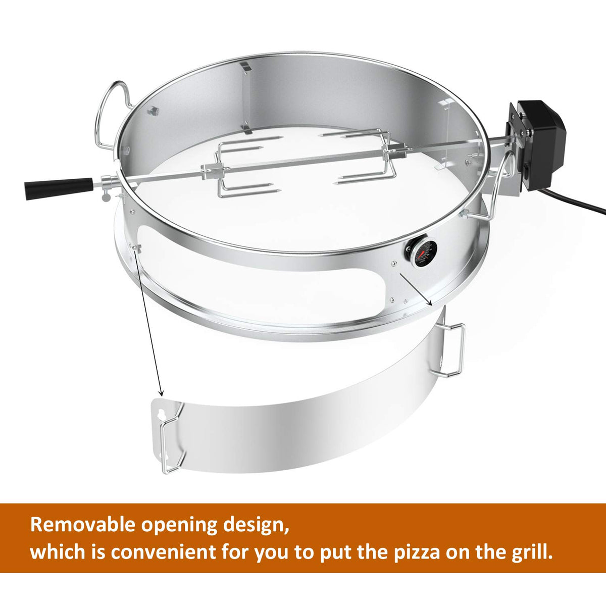 Onlyfire open-door ring enables two-in-one rotisserie and pizza modes.