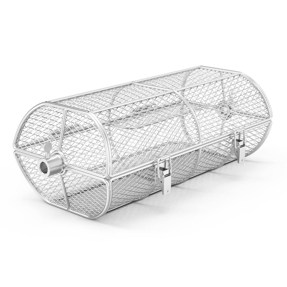Onlyfire rotisserie basket on grill showing even cooking capability