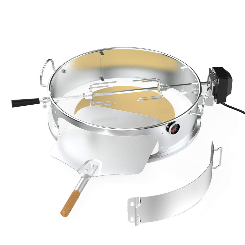 Onlyfire rotisserie motor 110V powers even cooking on Weber 22-inch kettles.