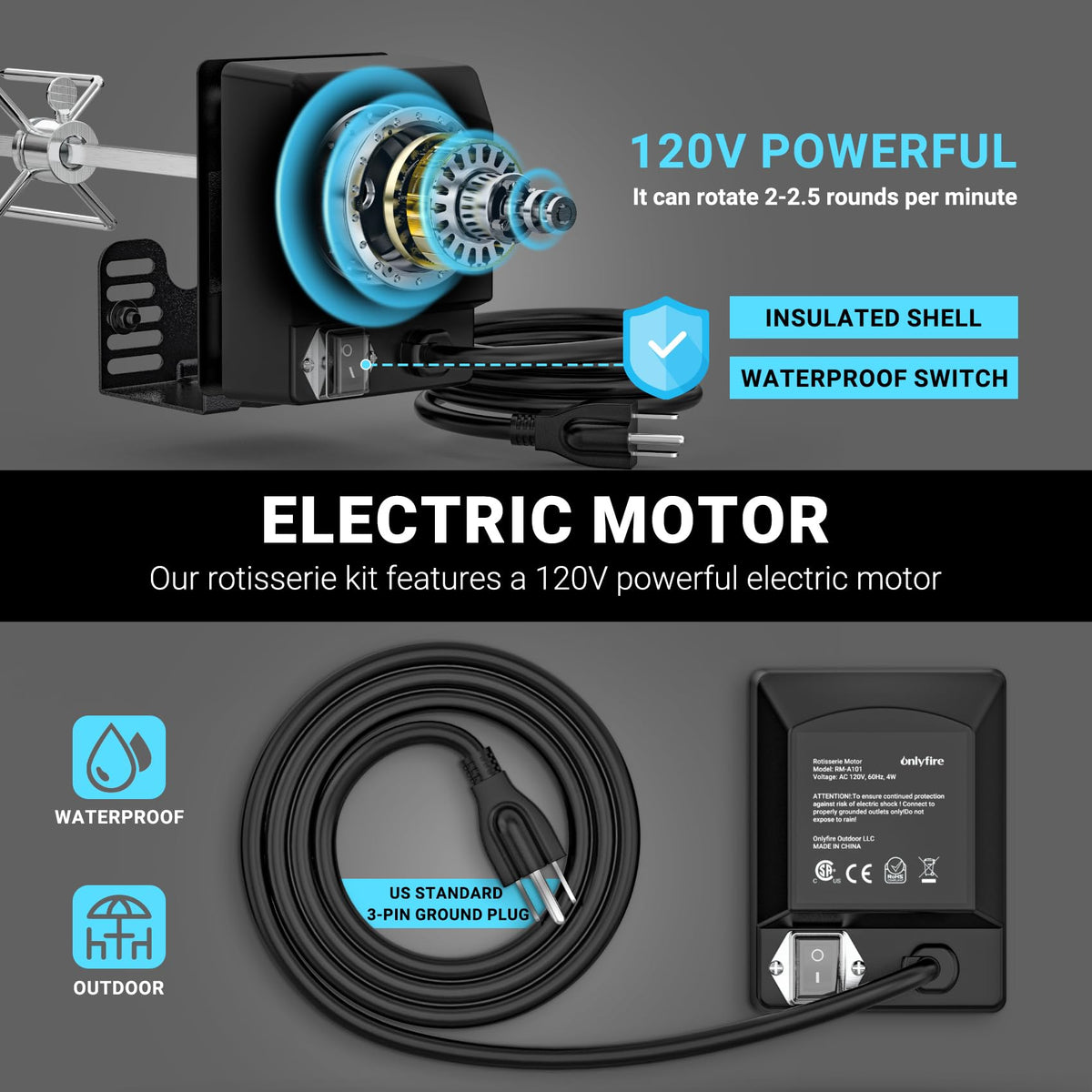 Onlyfire rotisserie motor fits standard 3 inch mounts for easy installation.