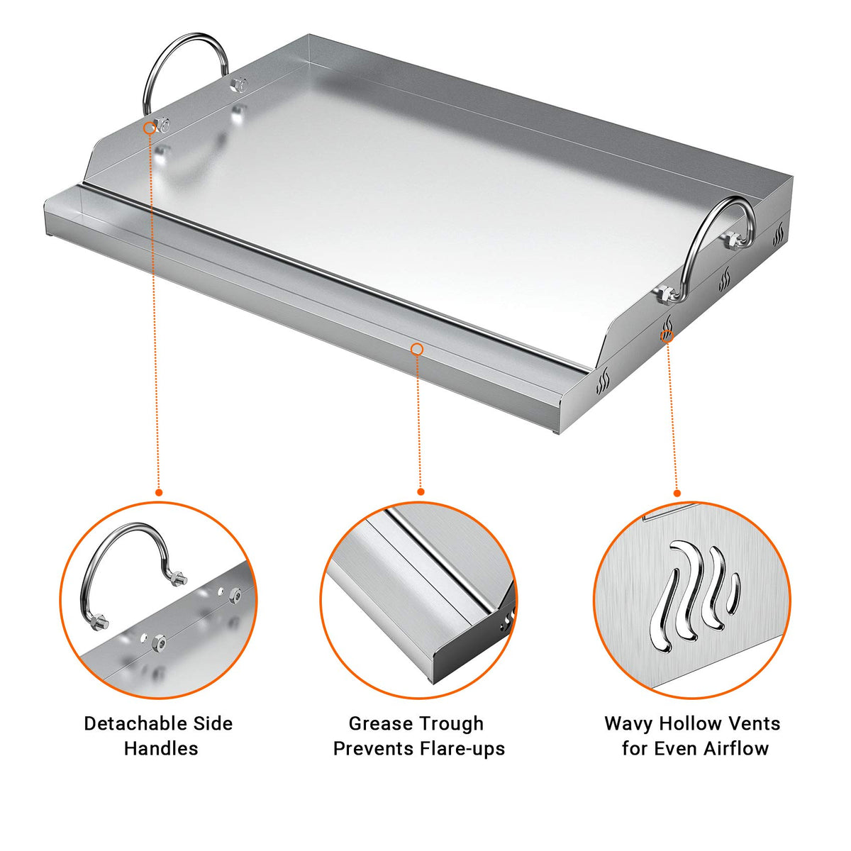 Onlyfire griddle with grease trough detail for cleaner cooking drippings