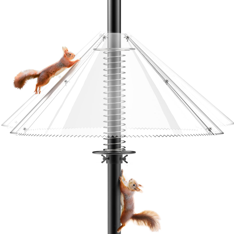 Onlyfly Squirrel Baffle with 19-inch diameter protects feeders by blocking climbs.