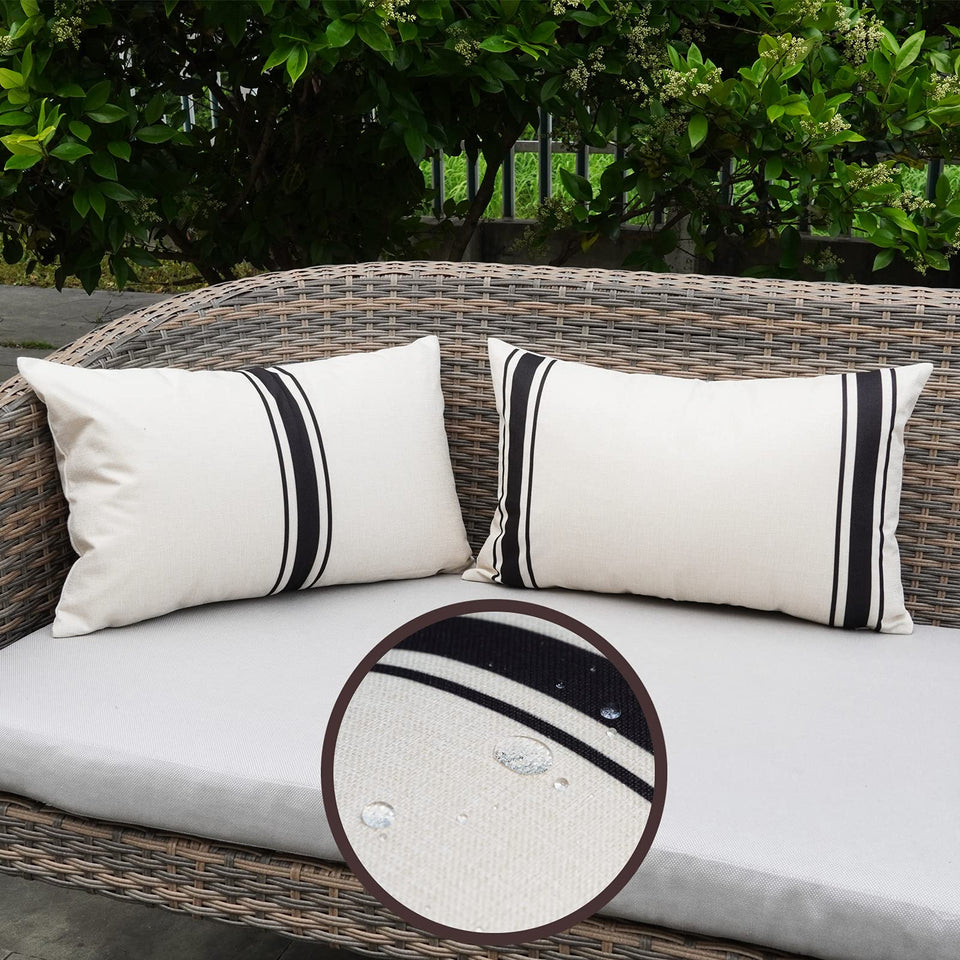 ONWAY outdoor striped pillow cover beige and black, 12x20, 2-pack for patio styling.