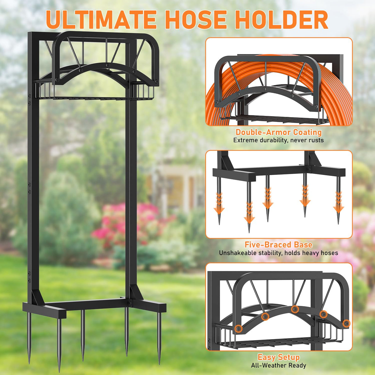 ONWAYHOME freestanding hose stand shown in a yard for flexible placement.