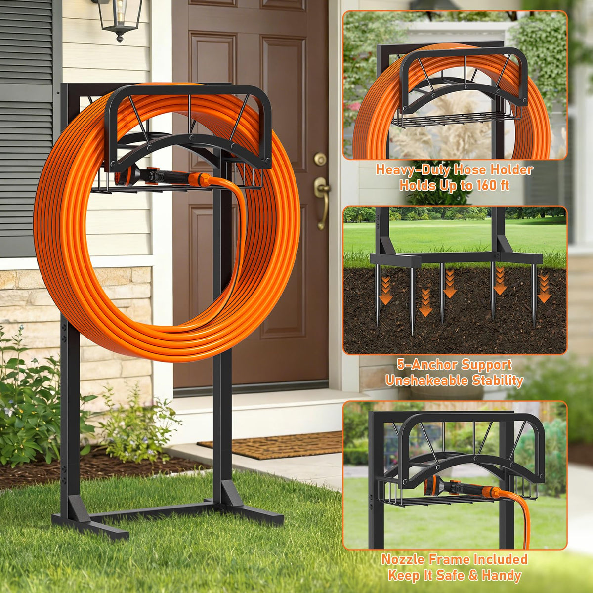 ONWAYHOME hose stand storage basket for nozzles and accessories.