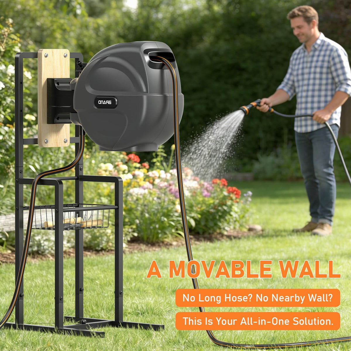 ONWAYHOME retractable hose reel stand requires no wall installation.