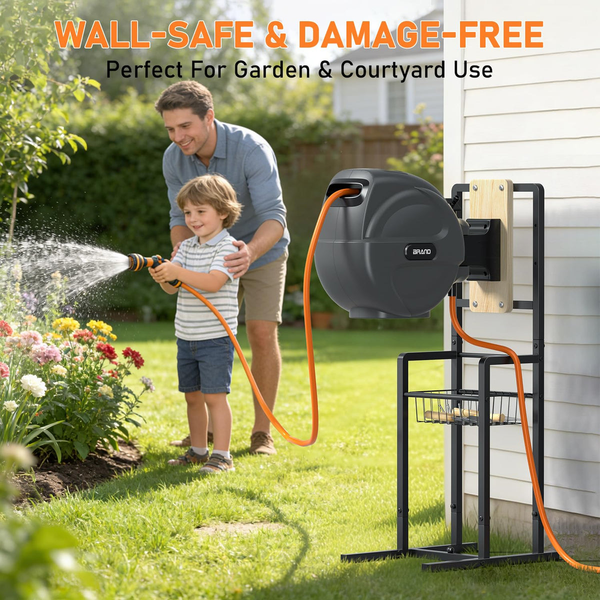 ONWAYHOME retractable hose reel stand in-use shows extended watering reach.