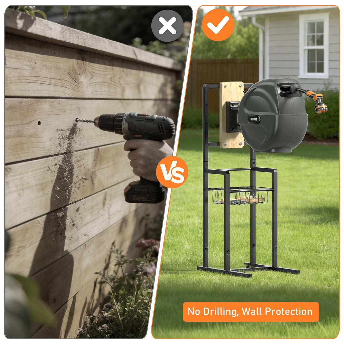 ONWAYHOME retractable hose reel stand triangular support enhances ground stability.