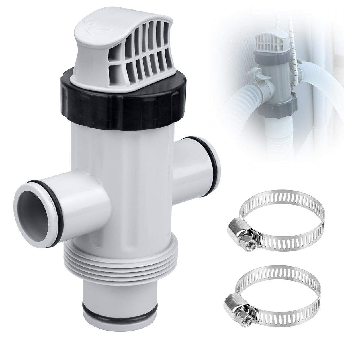 Ophjerg pool hose plunger valve with two outlets enables easy flow control during maintenance.