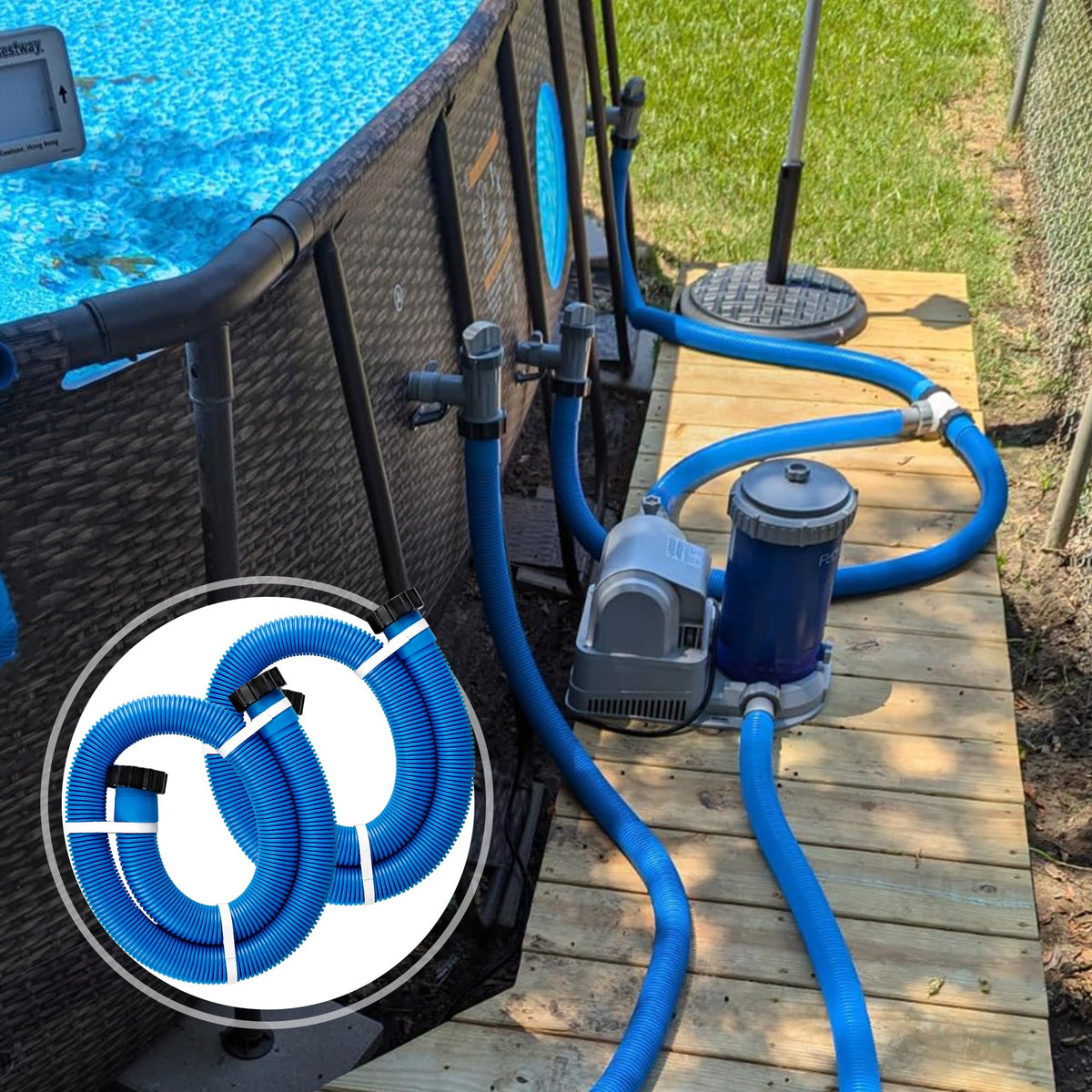 Ophjerg UV-resistant hose withstands sun exposure for outdoor pools.