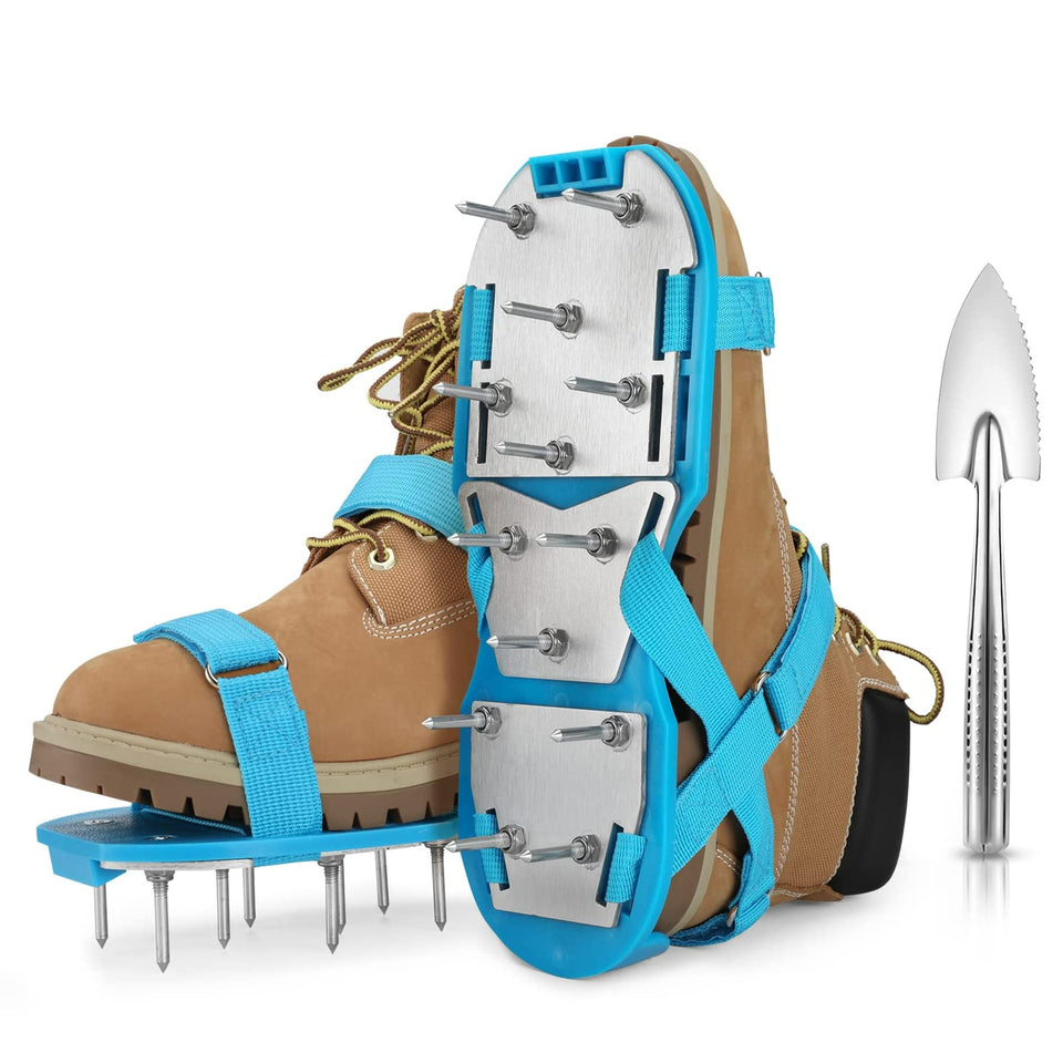 Opmeiro lawn aerator shoes assembled with adjustable straps for easy wear.