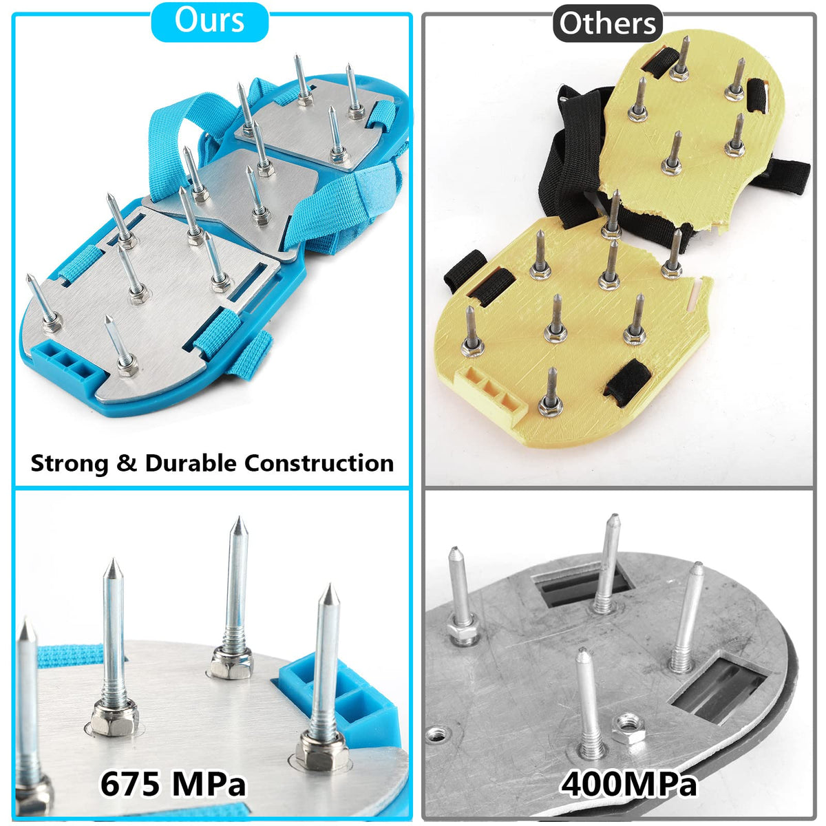 Opmeiro stainless steel spikes pre-assembled on each shoe.