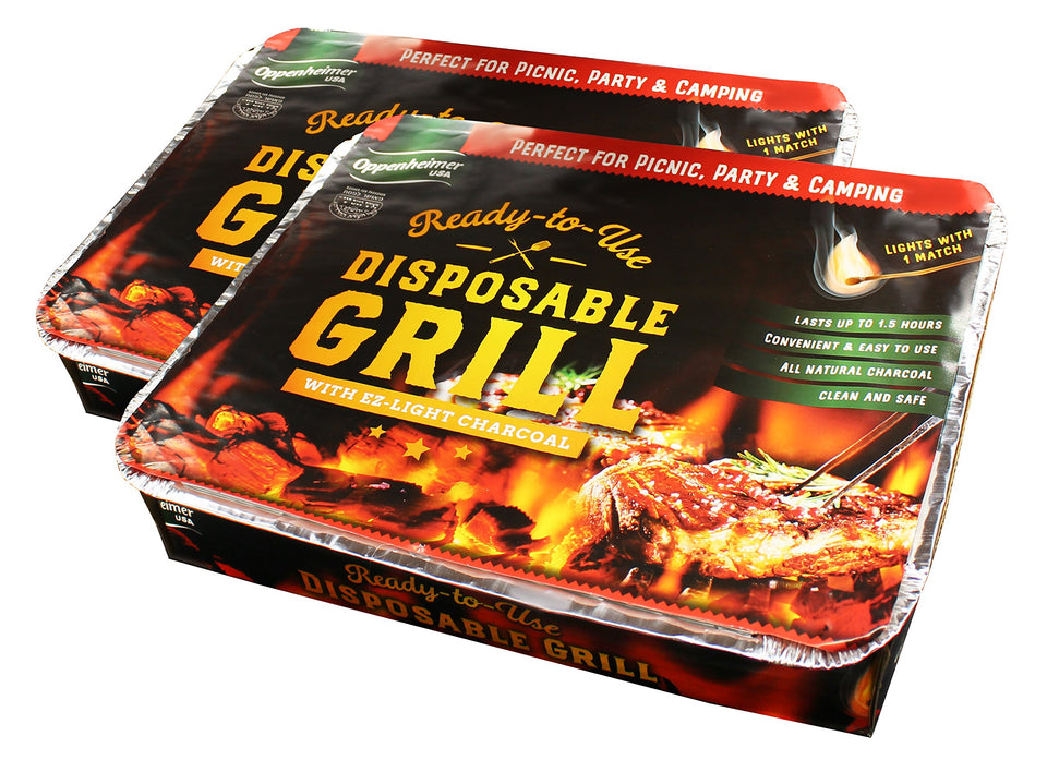 Oppenheimer USA disposable charcoal grill on-the-go pack, ready to cook in minutes