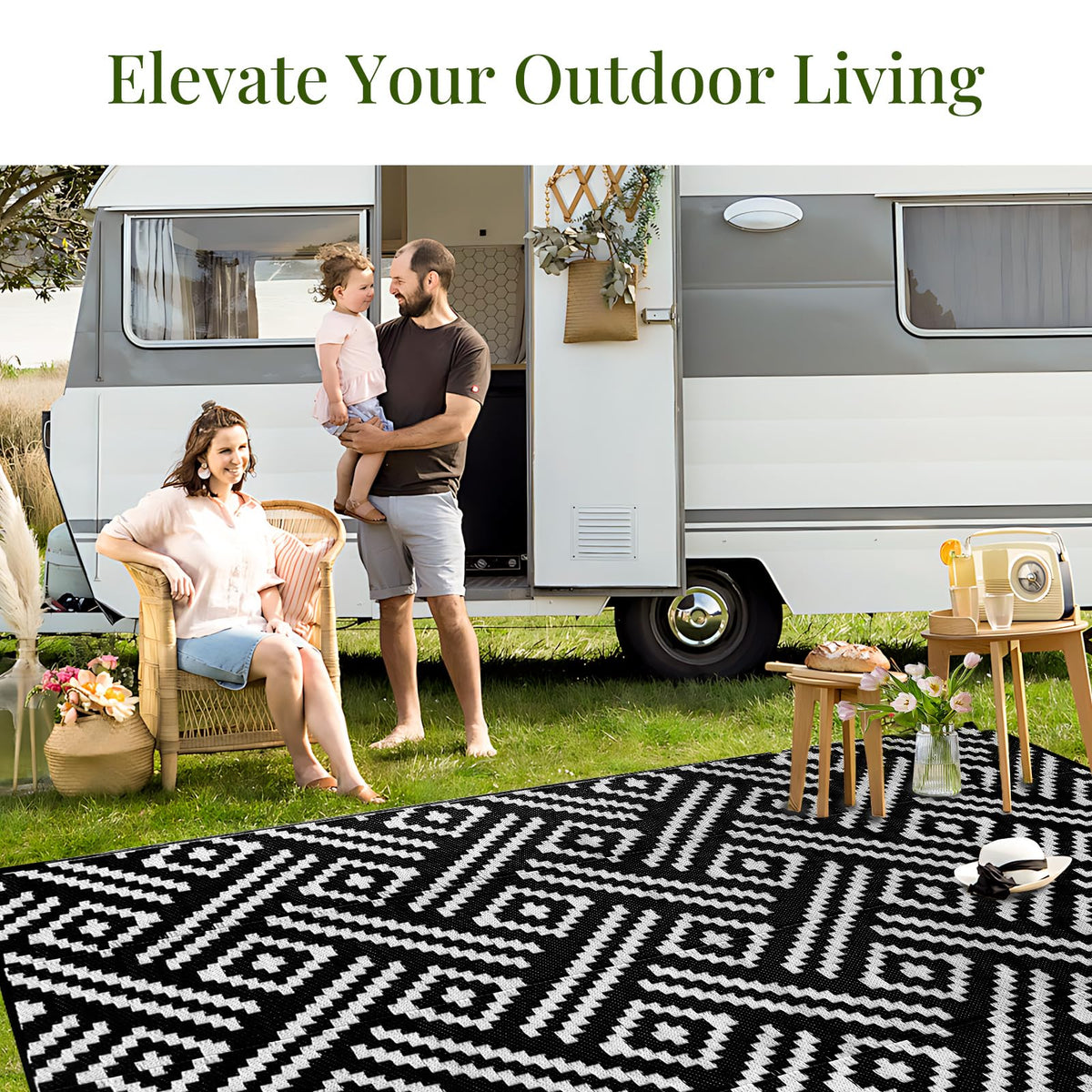 OPPODREAM camping setup shows rugged, weather-ready outdoor rug in use
