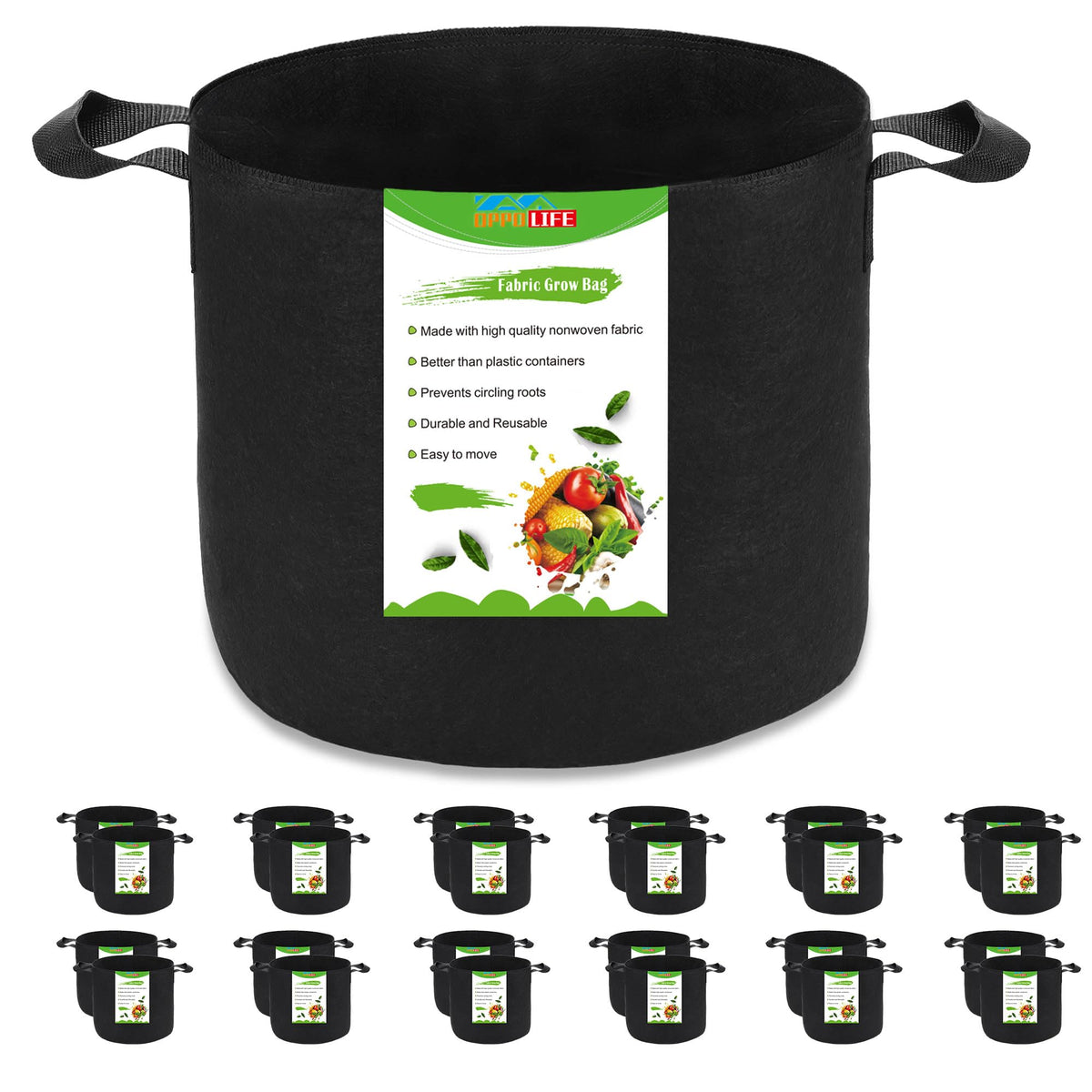 OPPOLIFE 24-pack 5-gallon grow bags with handles for easy transport and mobility.
