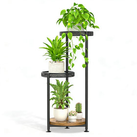 Oppro 3-tier plant stand with wide metal tray and wood centerpiece for stylish display