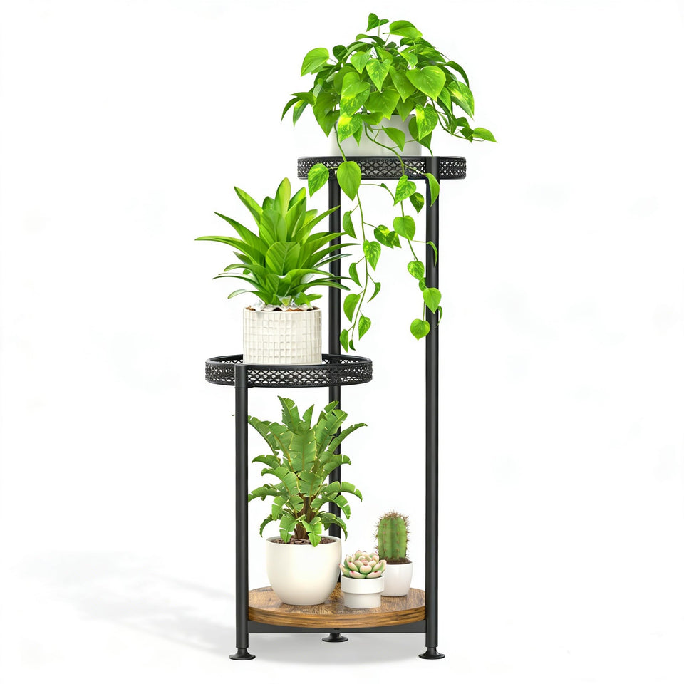 Oppro 3-tier plant stand with wide metal tray and wood centerpiece for stylish display