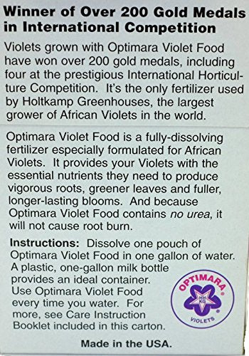 Urea-free Optiflora Violet Food label highlights gentle feeding and stain caution.