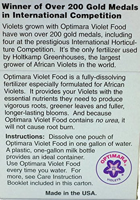 Urea-free Optiflora Violet Food label highlights gentle feeding and stain caution.