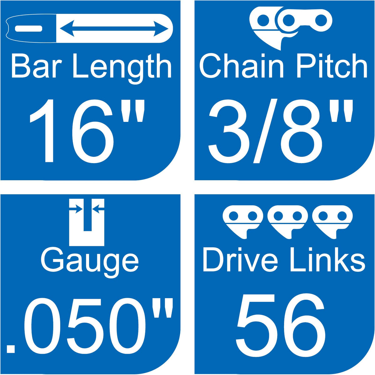 Opuladuo 16-inch chain for Greenworks 60V showing pitch and gauge details.