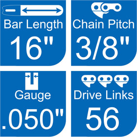 Opuladuo 16-inch chain for Greenworks 60V showing pitch and gauge details.