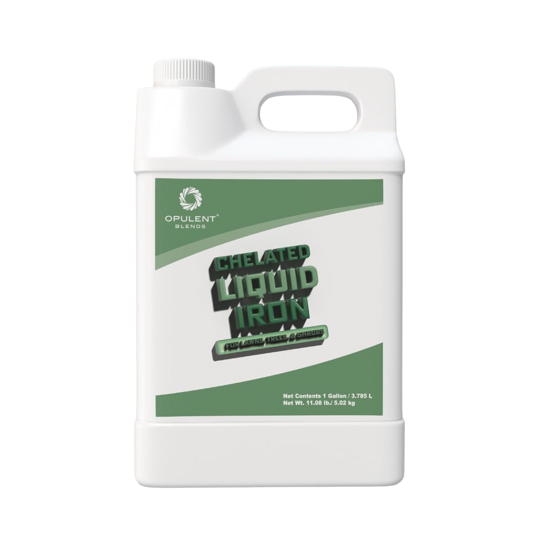 Opulent Blends Chelated Liquid Iron bottle boosting lawn greenness and chlorophyll formation.