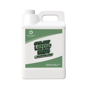Opulent Blends Chelated Liquid Iron bottle boosting lawn greenness and chlorophyll formation.