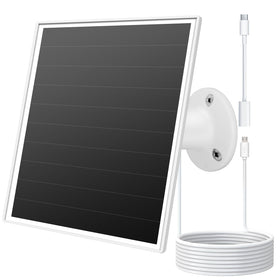 Orayafid 6W solar panel mounted on an outdoor security camera for continuous sunlight-powered charging.